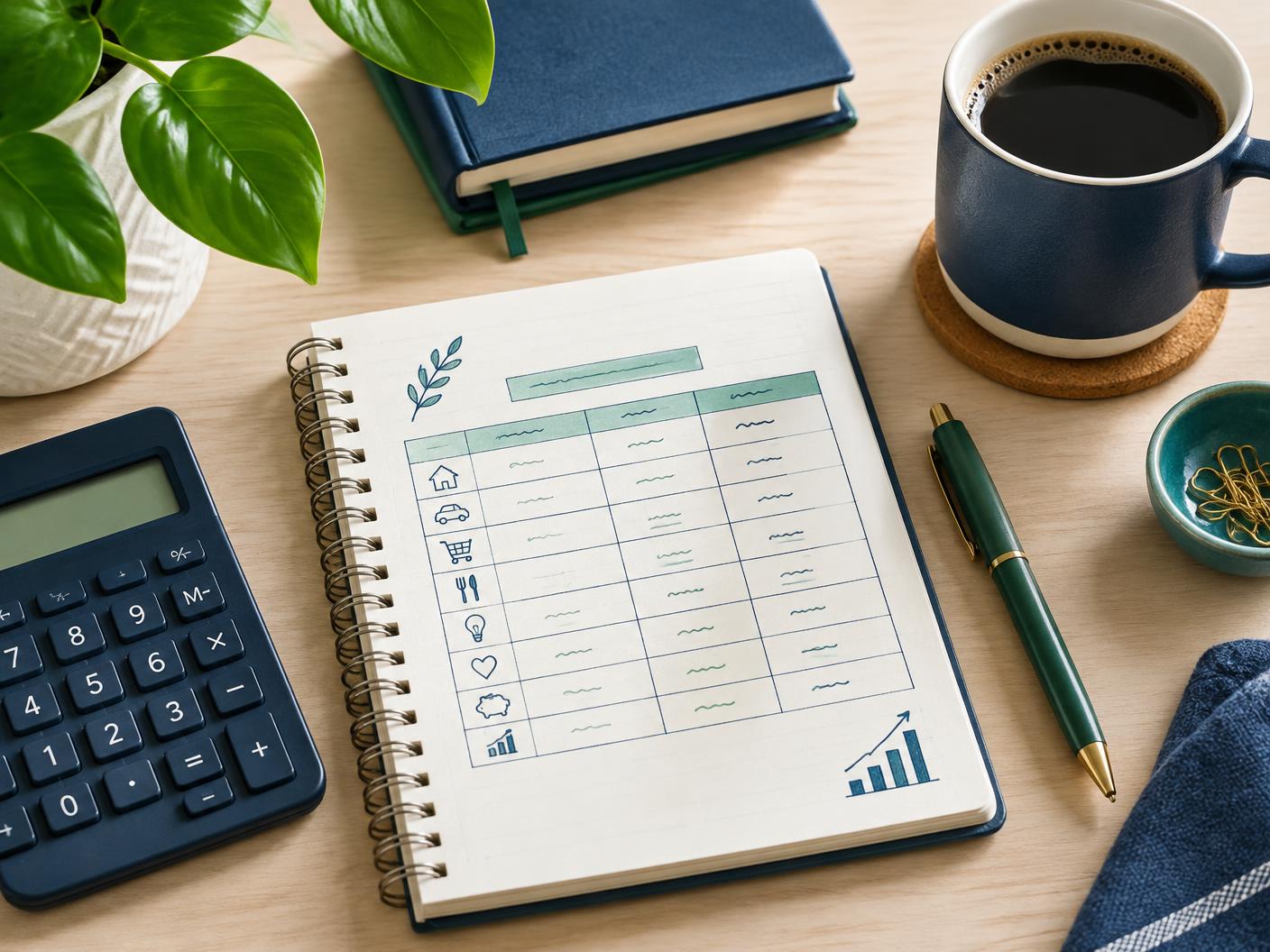 Caderno com planilha de orçamento, calculadora e caneta sobre a mesa